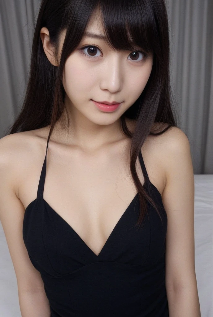 Cute high school girl, 18 years old, Wearing a black bikini、The background is a fireplace