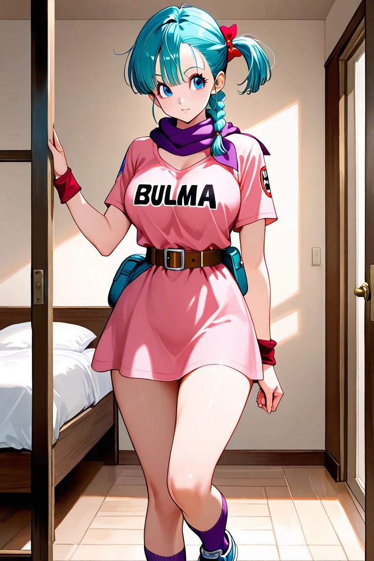 masterpiece, best quality, ultra-detailed, illustration,masterpiece, Best quality, high resolution, high resolution, dragon ball, blmpony, aqua hair, hair ribbon, braided ponytail, pink shirt, belt, scarf, pink skirt,tight skirt,miniskirt,clothes writing, brown gloves ,jewelry,beautiful detailed eyes, looking at viewer in a seductive look, close up, (breast focus), (arms behind back:1.2), (from above:1.1),big sized breasts, (breasts out:1.3), attempt to seduce,wet clothes ,(nipples),(blush),((wide thighs:1.4), standing ,(from behind:1.2),big ass,show ass,anus,((open anus))