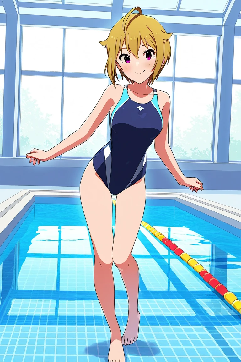 ((best quality)), ((masterpiece)), (detailed), perfect face, (((18yo teen girl removing one piece swimsuit))), pool, (((embarrassed:1.5))), ((blushing:1.2)), ponytail, skinny waist, skinny thighs, (((topless))), blonde, ((bare feet)), standing 
