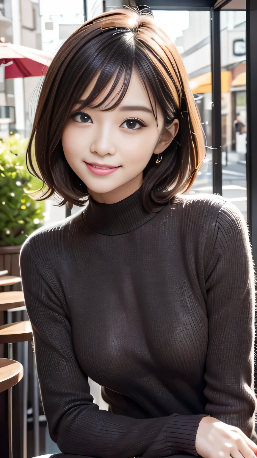 (((1girl)))((best qualtiy, 8K, tmasterpiece:1.3)),((Sharp:1.2, perfect figure beautiful woman:1.4, Slim abs:1.2)), ((Layered Hair Style, huge tit:1.3)),((Highly detailed facial and skin texture,A detailed eye,Black eye,double eyelid, droopy eyes)),(japan girl:1.5)(Brown Hair,Bob Cut)(Turtleneck sweater:1.8),(in bar:1.3)Impish Smile(random pose)