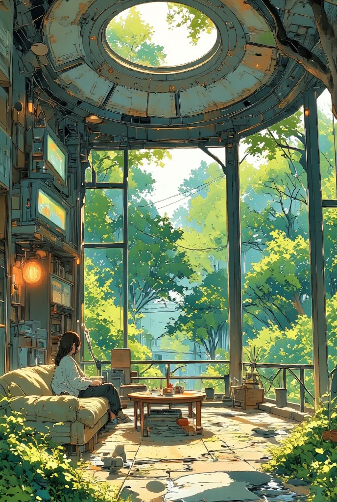 A breathtaking wide-angle interior view of an enormous dome-shaped room. Closed room with large glass windows and roof. (Inside the room: In one cozy corner, there's a modern entertainment setup with a TV, computer, and game console on sleek shelves, The rest of the room transforms into a natural oasis: lush greenery with tall indoor trees, a gently flowing clear stream cutting through the space, soft mossy ground, and sunlight pouring in from a large circular skylight at the top of the dome.) a  girl relaxing on sofa, Domestic animals like cats and dogs relax peacefully, birds perch on branches. Ambient occlusion. The atmosphere blends modern comfort and serene nature in perfect harmony — ultra-detailed, cinematic lighting, fantasy-realistic style