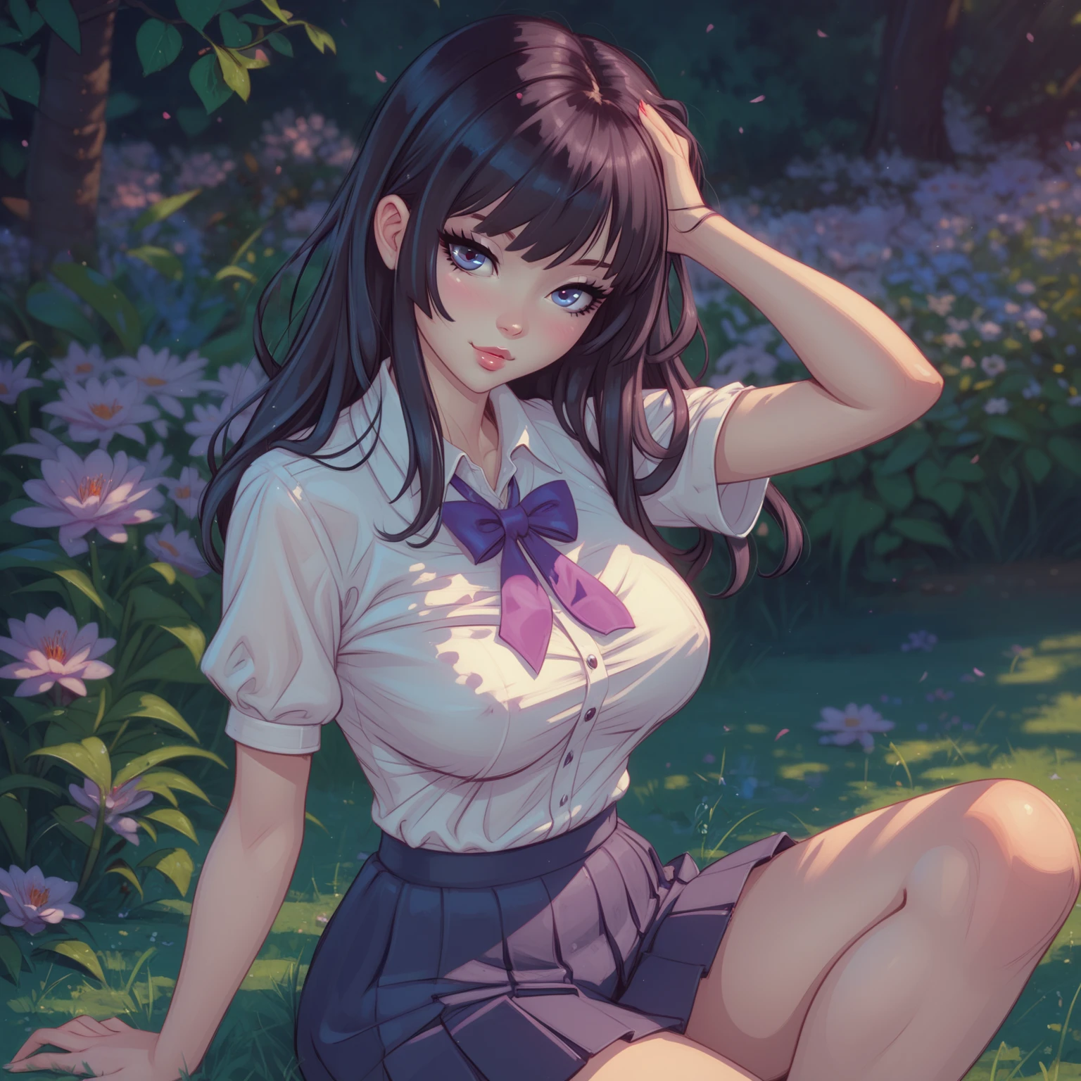 1girl, solo, full body, summer, village, trees, sun, clouds, colorful hair, ponytail, large breasts, button down, dark blue eyes, ((purple shirt)), ((unbuttoned shirt)), ((short sleeved shirt)), cleavage 1:3, black skirt, brown shoes, grin, looking at the viewer, standing, hair ribbon