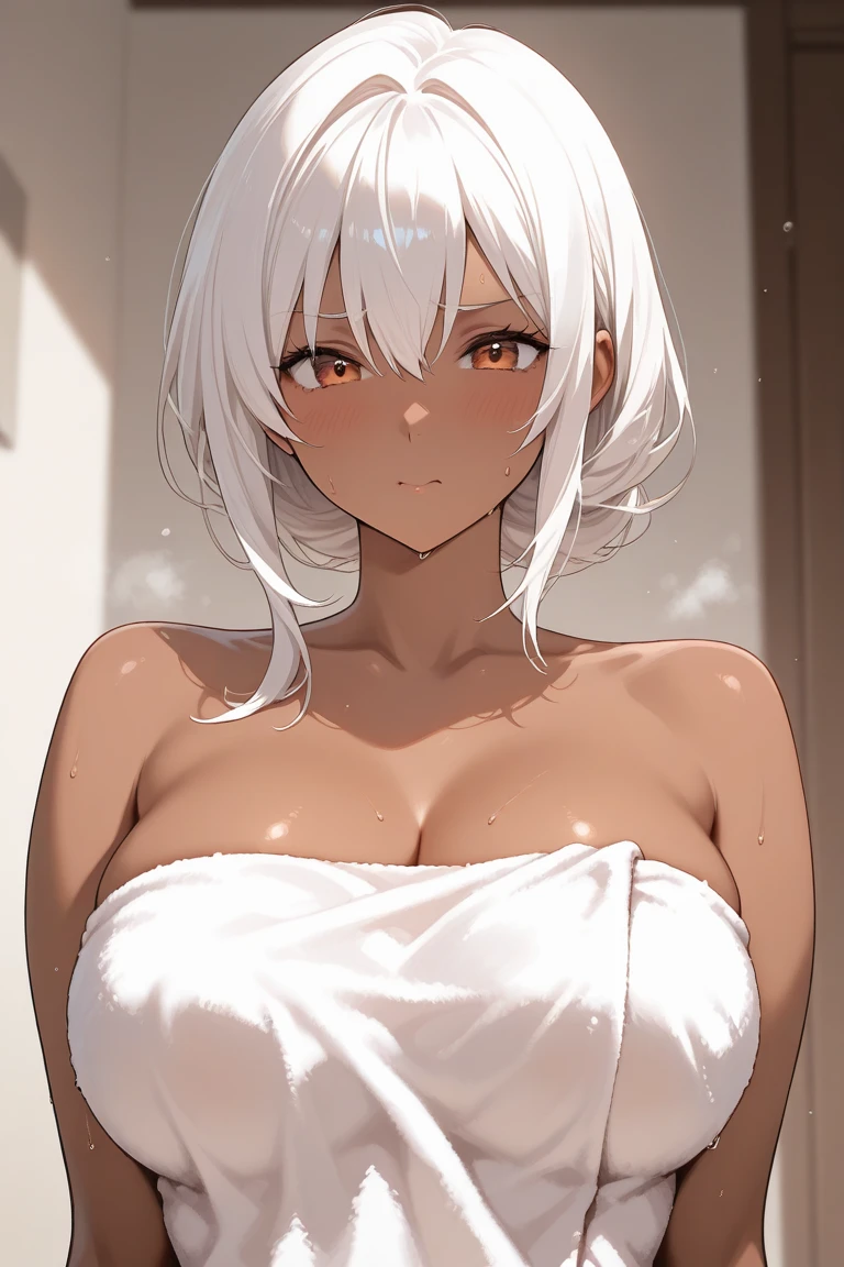 nsfw,1 girl,White hair,yellow eyes,face,tan,light Areola,upper body,breasts,masterpiece,best quality,very aesthetic,absurdres,light Areola,skin,extended_downblouse, frontbend,White shirt,over shirt,slip