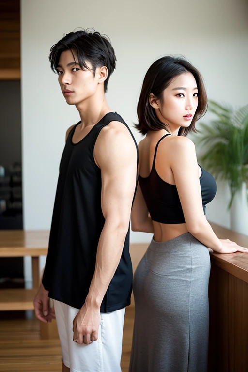 An illusion, a handsome young Korean man wearing a black singlet, black tight trousers, black Converse shoes, with a beautiful Korean woman with pink-brown hair wearing a black tank top with a black jacket with flowers and white Japanese writing, black shorts, shoes Black Converse, with the hat backwards. They are smoking a vape that emits smoke that forms arrows and hearts together in a dark room and there is graffiti, katana swords and flowers.