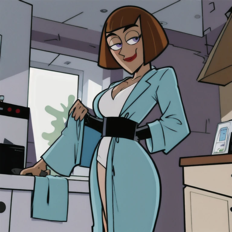 maddie fenton, looking at viewer, thinking about sex, wondering if it will work, in the kitchen, fully clothed, bathrobe, side-eye, showing off