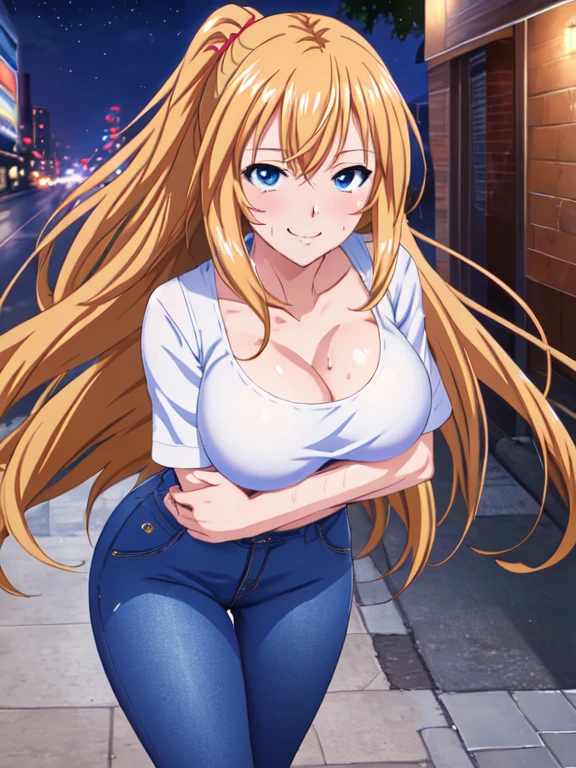 BREAK looking at viewer, BREAK (masterpiece:1.2), best quality, high resolution, unity 8k wallpaper, (illustration:0.8), (beautiful detailed eyes:1.6), extremely detailed face, perfect lighting, extremely detailed CG, (perfect hands, perfect anatomy),city,buildings,street,wet road,reflections,soft light,night,rangiku matsumoto, long hair, (grey eyes:1.5), orange hair, mole, mole under mouth, parted bangs,skirt,, cleavage, jewelry, school uniform, pleated skirt, necklace, chain, collar, grey skirt,,in middle,nipples,nipples see through,wet uniform,showing bra,touching bra,upper body,touching breasts,showing breasts,horny face,showing tits,naked tits,naked breasts.