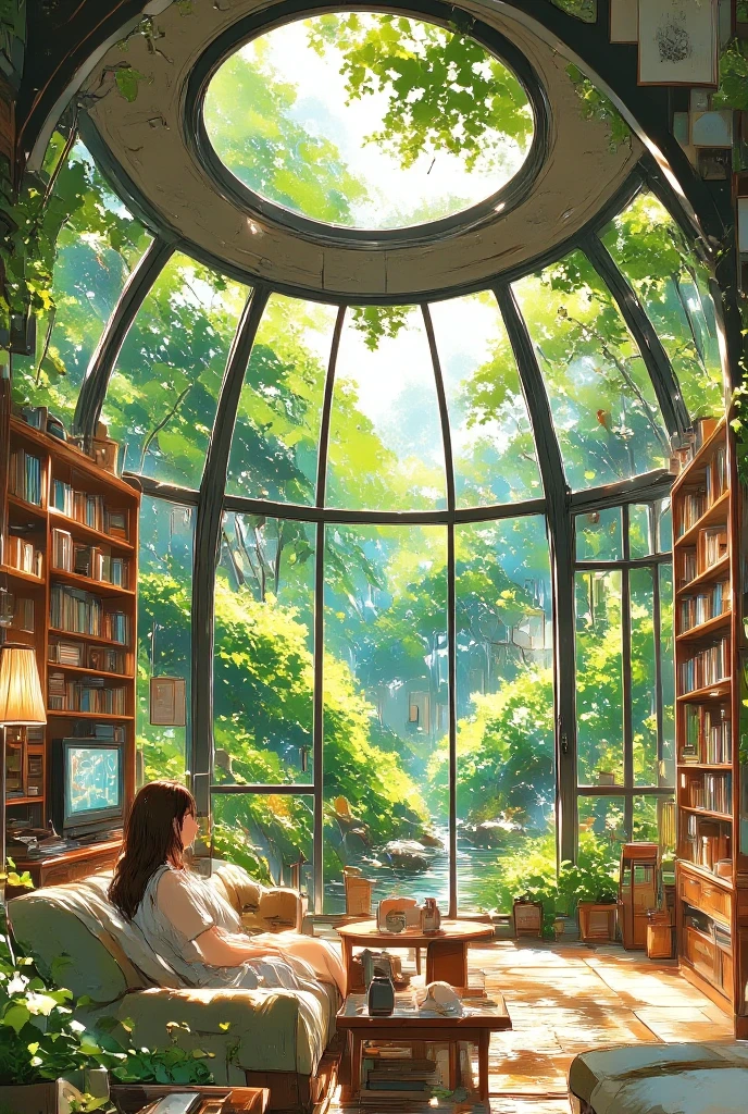 A breathtaking wide-angle interior view of an enormous dome-shaped room. Closed room with large glass windows and roof. (Inside the room: In one cozy corner, there's a modern entertainment setup with a TV, computer, and game console on sleek shelves, The rest of the room transforms into a natural oasis: lush greenery with tall indoor trees, a gently flowing clear stream cutting through the space, soft mossy ground, and sunlight pouring in from a large circular skylight at the top of the dome.) a  girl relaxing on sofa, Domestic animals like cats and dogs relax peacefully, birds perch on branches. Ambient occlusion. The atmosphere blends modern comfort and serene nature in perfect harmony — ultra-detailed, cinematic lighting, fantasy-realistic style