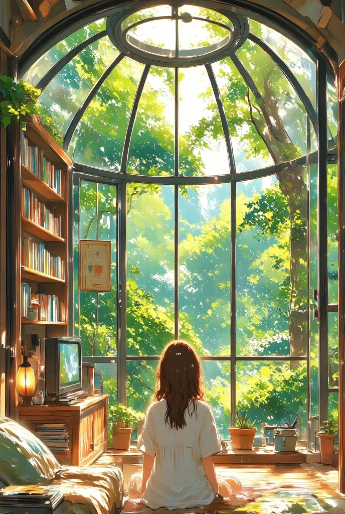 A breathtaking wide-angle interior view of an enormous dome-shaped room. Closed room with large glass windows and roof. (Inside the room: In one cozy corner, there's a modern entertainment setup with a TV, computer, and game console on sleek shelves, The rest of the room transforms into a natural oasis: lush greenery with tall indoor trees, a gently flowing clear stream cutting through the space, soft mossy ground, and sunlight pouring in from a large circular skylight at the top of the dome.) a  girl relaxing on sofa, Domestic animals like cats and dogs relax peacefully, birds perch on branches. Ambient occlusion. The atmosphere blends modern comfort and serene nature in perfect harmony — ultra-detailed, cinematic lighting, fantasy-realistic style