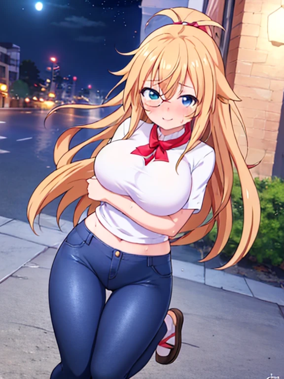 masterpiece, best quality, highres, nakiri erina, blonde hair, purple eyes, long hair, large breasts, oversized cool t shirt, stocking, cleveage, belt, short jeans pants, owboy shot, standing, looking at viewer, city road, outdoor, modern city road, blush, shy, smile, show teeth, sexy pose, short pants, jacket, bare shoulder,