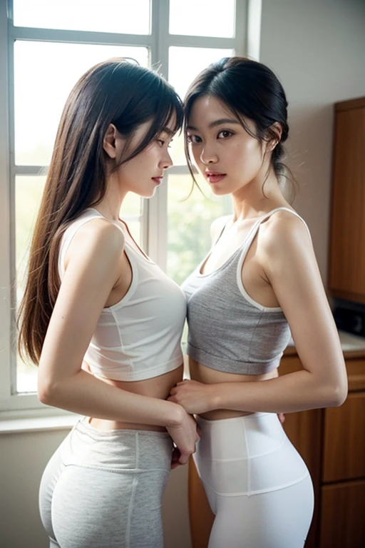 nsfw, Highest quality、Masterpiece、Naughty yoga class、Young Japanese Woman、2 people、、ass pov, Focus on the chest、Yoga poses、Bare mid-chest、Very light pink nipples、Narrow waist、Attractive lower body、Ultra-thin leggings、Big eyes、Double eyelids、choker、Quiet look、ponytail、Sweat