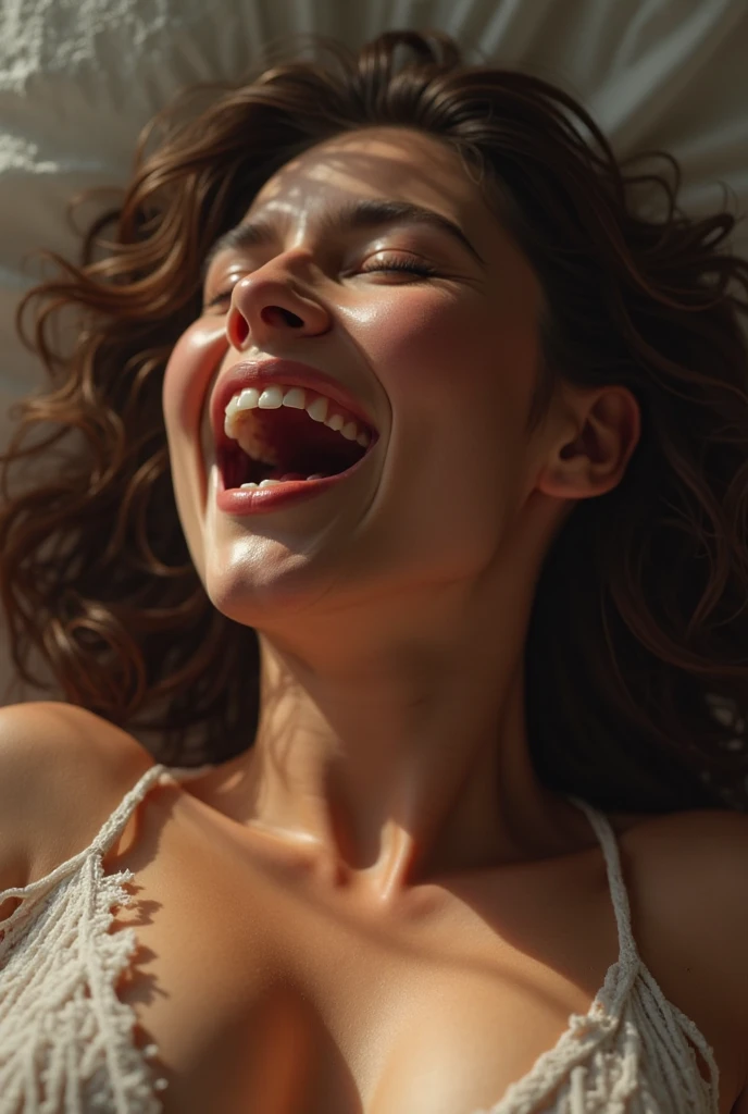 closeup of a female young ’s face, mouth very wide open and smiling, eyes closed, long hair, wearing strapless bra, extreme skin detail, photorealistic, 8k, wallpaper, viewed from above