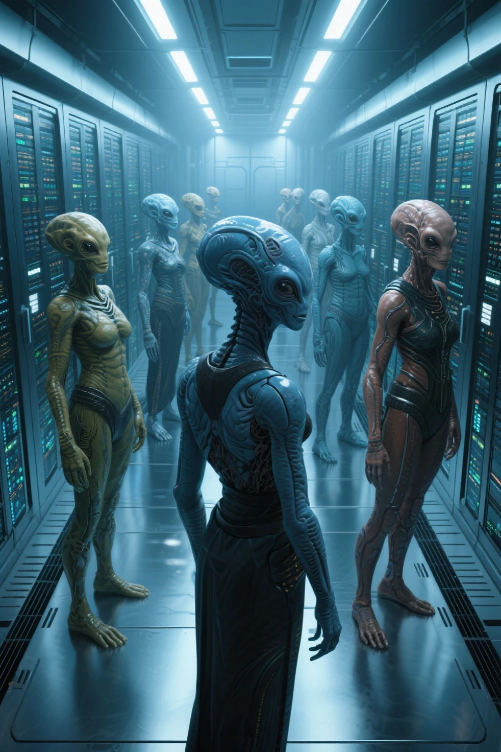 of lot of characters from a movie for from a slave girls biomechanical beyond infinity, inside an alien space ship, with Creepy, Sci-Fi, Fantasy and Horror, UHD, 8k, F2.8, RAW Photo, ultra detailed, sharp focus, hrgiger style, hrg1g3r4rhp,