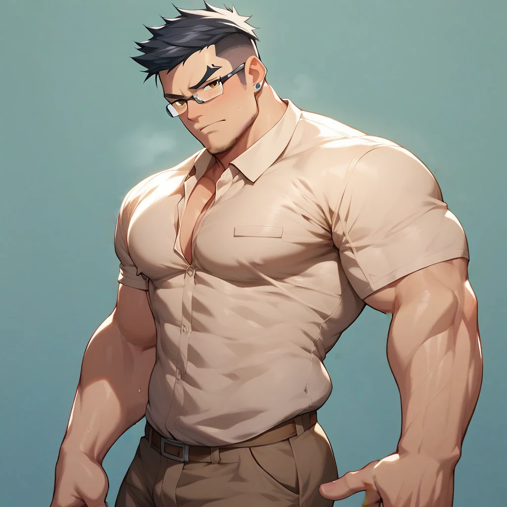 objection, ace attorney,1boy, abs, alternate muscle size, alternate pectoral size, bara, bare pectorals, black hair, collared shirt, hair slicked back, large pectorals, male focus, muscular, muscular male, nipples, objection, open clothes, open shirt, pectorals, pointing, pointing to the side, shirt, short hair, sideburns, solo, sweat, unfinished, upper body, white backgroundMuscular body, Imposing body, Imposing appearance, muscular arms, muscular legs, only body, trapezoid torso, sturdy body, muscular body, defined round and fleshy pecs, defined washboard ABS, defined arms, defined legs