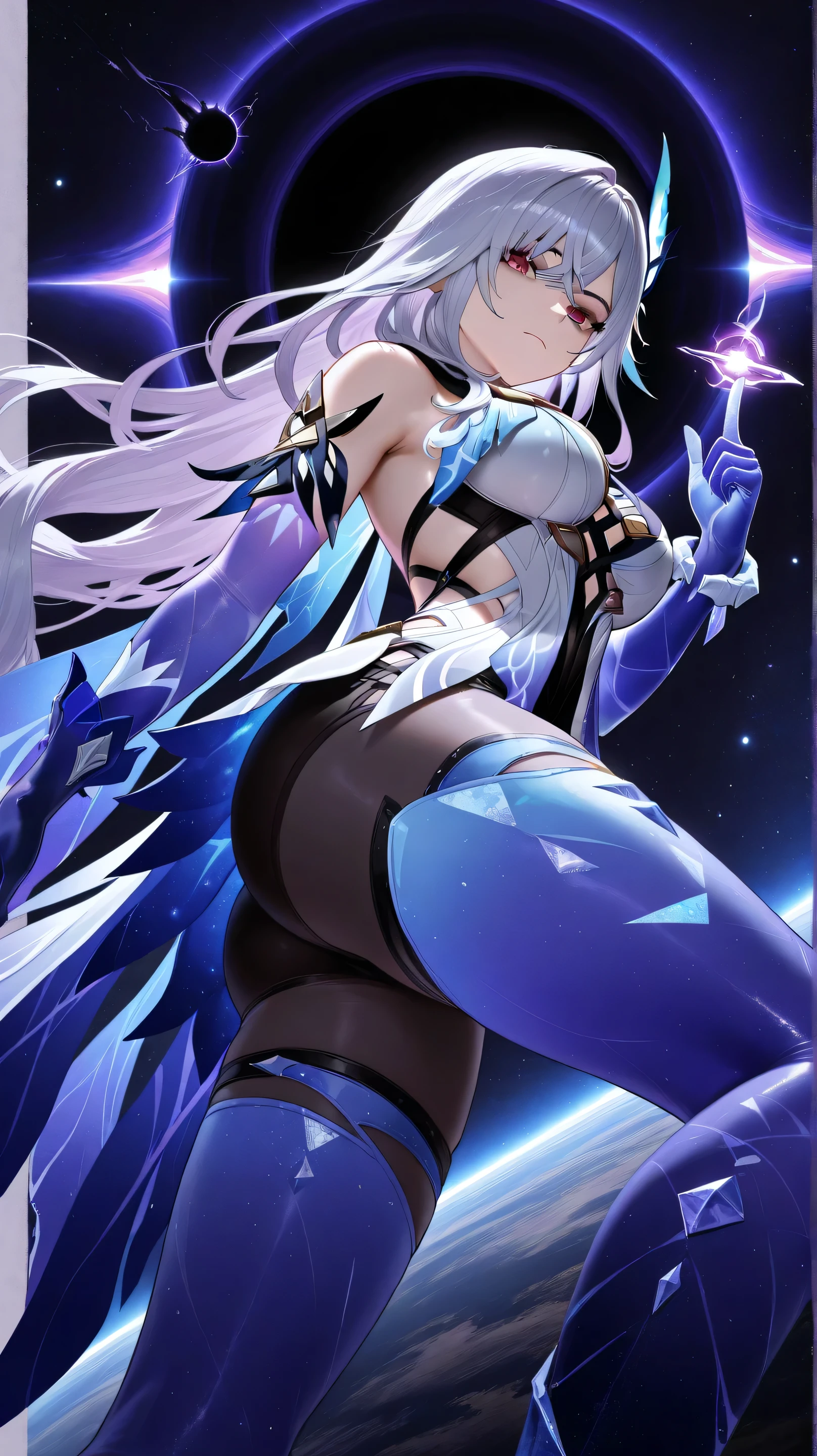 skirk genshin impact, half closed mouth, looking fearless, looking down to viewer, view from side, from below, showing front, dynamic pose, dynamic angle, masterpiece, space background, a black hole on a single finger