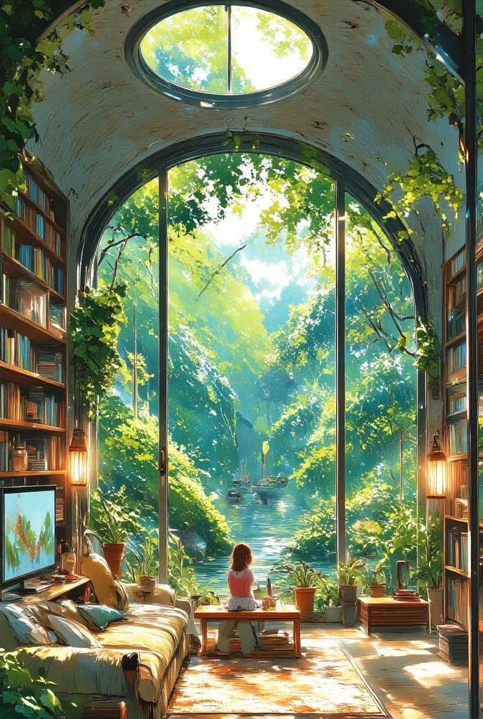A breathtaking wide-angle interior view of an enormous dome-shaped room. Closed room with large glass windows and roof. (Inside the room: In one cozy corner, there's a modern entertainment setup with a TV, computer, and game console on sleek shelves, The rest of the room transforms into a natural oasis: lush greenery with tall indoor trees, a gently flowing clear stream cutting through the space, soft mossy ground, and sunlight pouring in from a large circular skylight at the top of the dome.) a  girl relaxing on sofa, Domestic animals like cats and dogs relax peacefully, birds perch on branches. Ambient occlusion. The atmosphere blends modern comfort and serene nature in perfect harmony — ultra-detailed, cinematic lighting, fantasy-realistic style