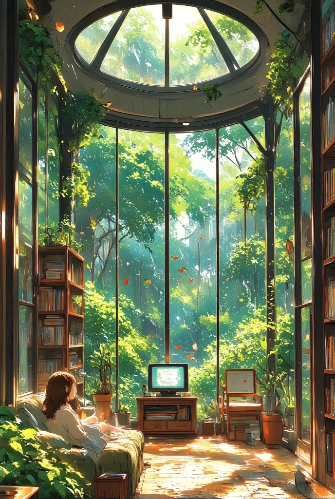 A breathtaking wide-angle interior view of an enormous dome-shaped room. Closed room with large glass windows and roof. (Inside the room: In one cozy corner, there's a modern entertainment setup with a TV, computer, and game console on sleek shelves, The rest of the room transforms into a natural oasis: lush greenery with tall indoor trees, a gently flowing clear stream cutting through the space, soft mossy ground, and sunlight pouring in from a large circular skylight at the top of the dome.) a  girl relaxing on sofa, Domestic animals like cats and dogs relax peacefully, birds perch on branches. Ambient occlusion. The atmosphere blends modern comfort and serene nature in perfect harmony — ultra-detailed, cinematic lighting, fantasy-realistic style