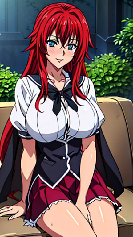 sitting at garden bench, Black cape, Black neckwear, white shirt, short sleeves, red pleated skirt, sailor coll, garden background, Rias Gremory, anime cels style, best quality, high resolution, 1girl, (huge breasts:1.2), beautiful face, Red hair,Very long hair, Blue EYES, cowboy shot, smiling, blush