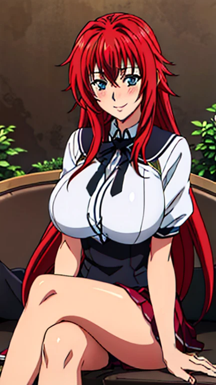 Rias Gremory from "Highschool Dxd", she is , she only wears blue pante has a pale perfect body, a fit atheltic one, her breast nippe hard,scles are defined, she is smirking with her blue eyes, her long red hair, she is sitting on a bed