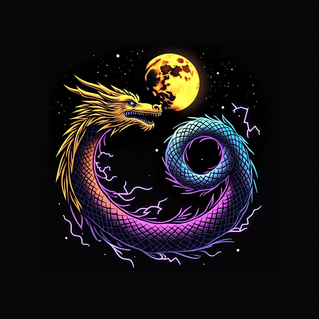 Main symbol: O Ouroboros
Visual: A stylized ouroboros, with the dragon's head more visible, biting its own tail and forming a circle. The ouroboros represents the eternal cycle of transformation and renewal.
styled: The ouroboros will have a modern touch, with geometric details or patterns reminiscent of electronic circuits, symbolizing the fusion between antiquity and modernity, and between mind and technology.
2. Natural Visual Background: The background will represent the Promised Land, highlighting the main part of the image with a starry sunset effect.
effect: colors quentes e estreladas que destacam o ouroboros e criam um contraste com o símbolo.
3. Secondary Element: Visual Interior Light: A faint glow or aura around the ouroboros, radiating light from the inside out. The light will be golden or white, symbolizing inner enlightenment and transformation.
Positioning: The light should gently surround the ouroboros, creating a contrast with the dark background and highlighting the symbol without overloading the image.
4. Touch of Alchemy: Visual Yin Yang Symbol: In the center of the ouroboros, include a small yin yang symbol, representing perfection and ultimate transformation of the mind.
effect: subtle, but adds depth to the concept of transformation and personal evolution.
5. styled Minimalista
Visual: Keep the design minimalist to ensure clarity and visual impact.
colors: Limited color palette with gold tones, dark blue and black, to create an elegant and harmonious image.
nature background