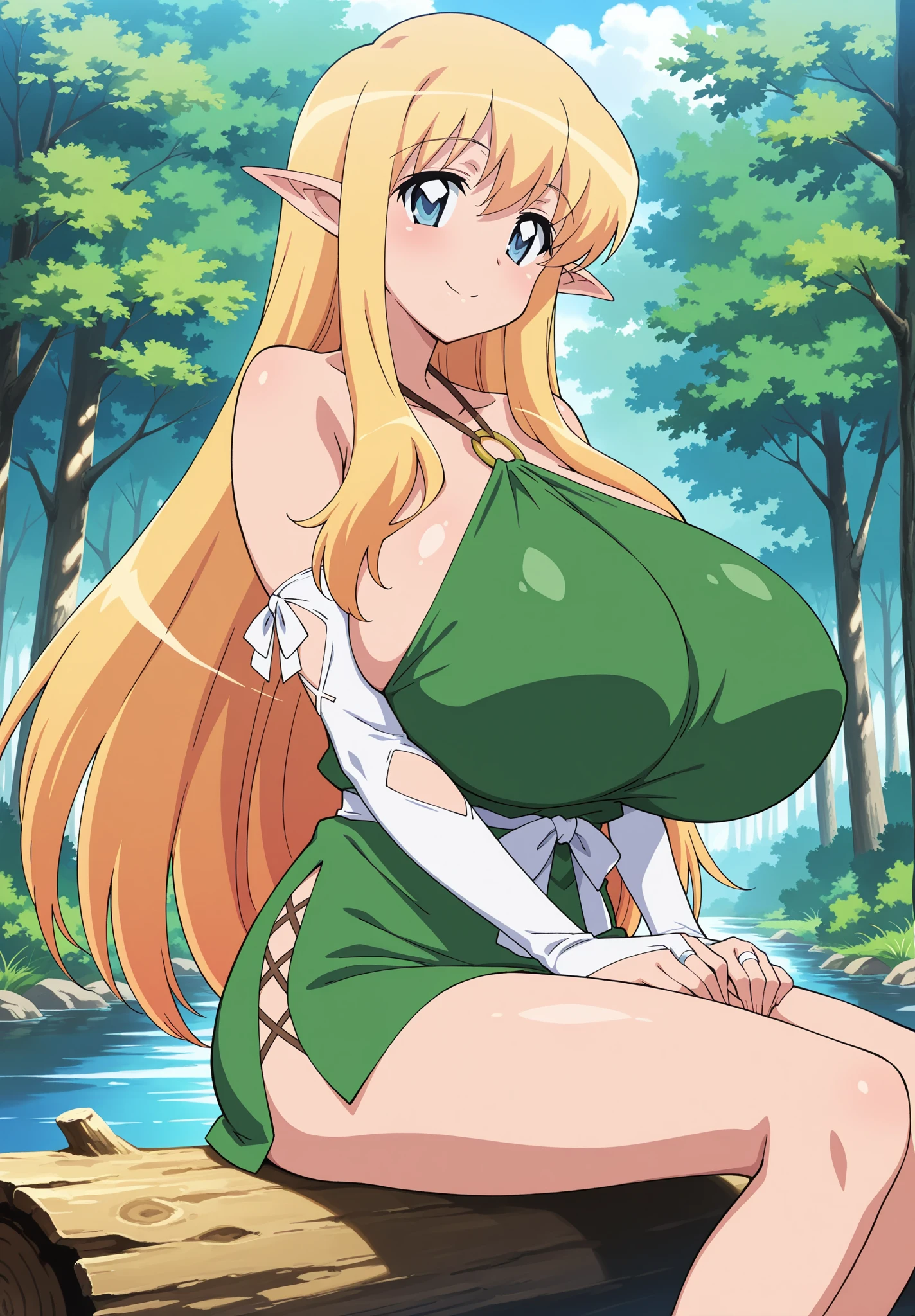 nsfw, 1990s \(style\), retro artstyle, 1990s anime cels style, best quality, high resolution, (big eyes:1.2), forest, huge breasts, riesz, winged helmet, dress, armor, shoulder armor, bridal gauntlets, cleavage, blush, embarrassed, leaning forward
