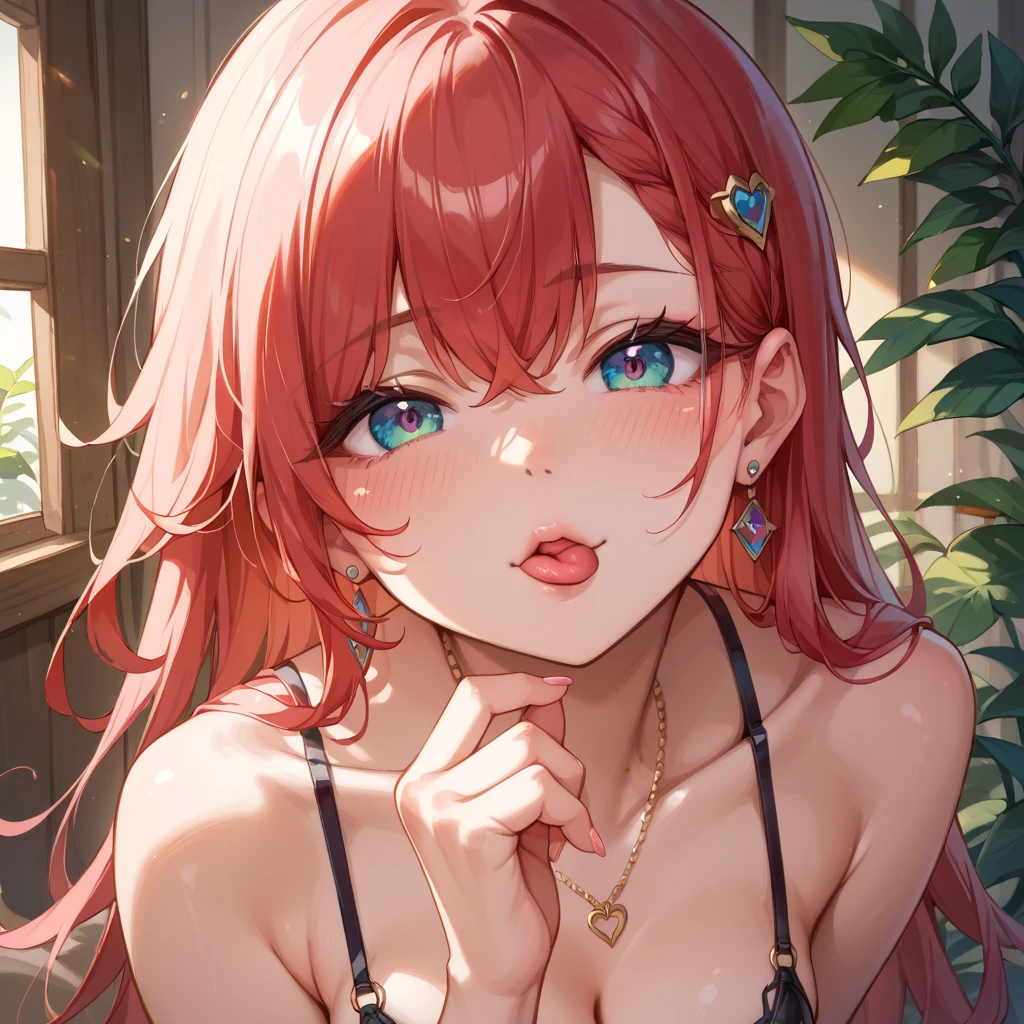 High resolution、real skin、beautiful adult woman、big earrings、necklace、cowboy shot、tonned body、medium round 、delicate body、sharp eyes、Rin々nice face、single eyelid、Fine eyelashes、beautiful eyes、beautiful eyes、highest quality、redhead、long auburn straight hair、square bangs、freckles、aquamarine green eyes、blushing. Portrait、face focus
