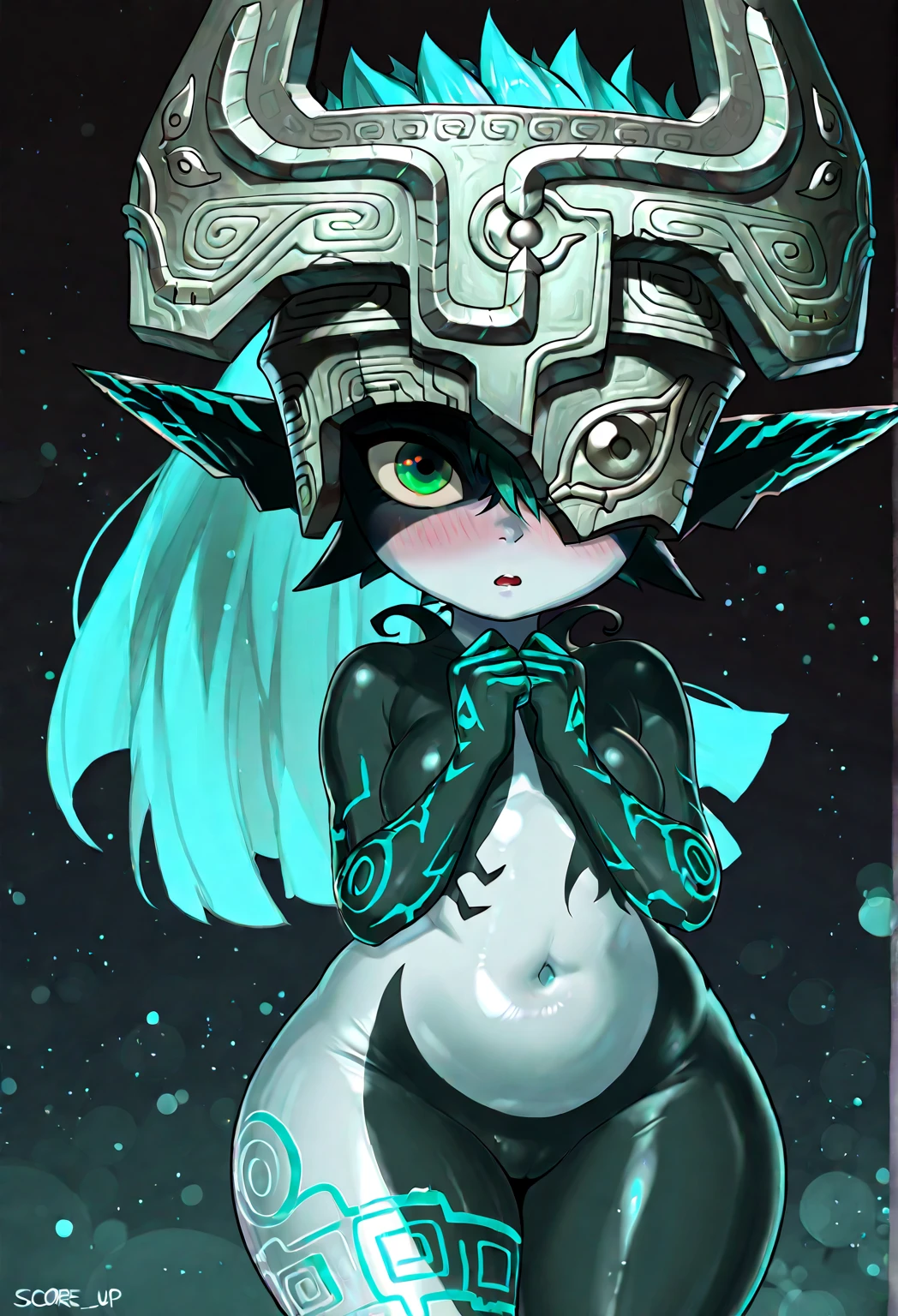 score_9, score_8_up, score_7_up, source_cartoon, source_anime, 1girl, midnaimp, multicolored skin, two-tone skin, colored sclera, helmet, fang, intricate, highly detailed, soft lighting, soft particles, glowing, concept art