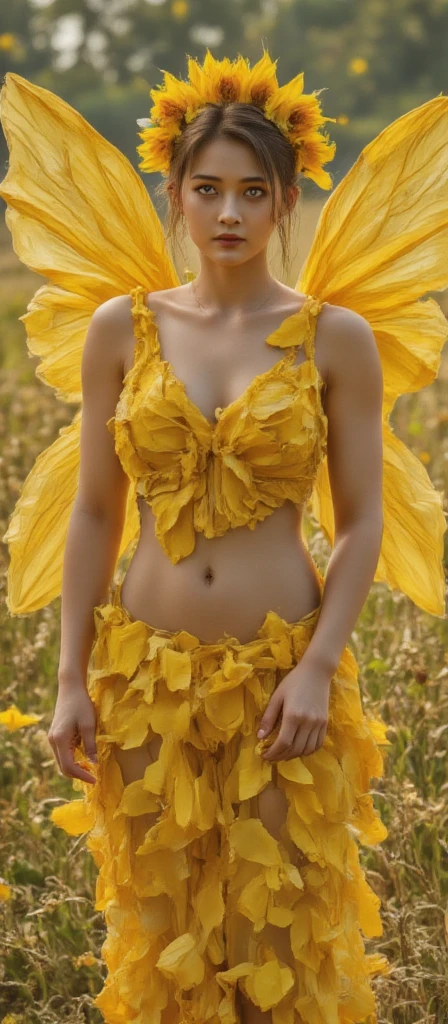 A girl with orange angel wings, a bright smile, holding corn in her hand, sunlight shining on her face, eyes looking straight ahead, lotus flowers in her hair, skin as white as peeled eggs, brown hair Long, slim waves and a pair of breasts. seductive and covered in an orange bra, wearing an orange maid outfit, surrounded by a mud dress