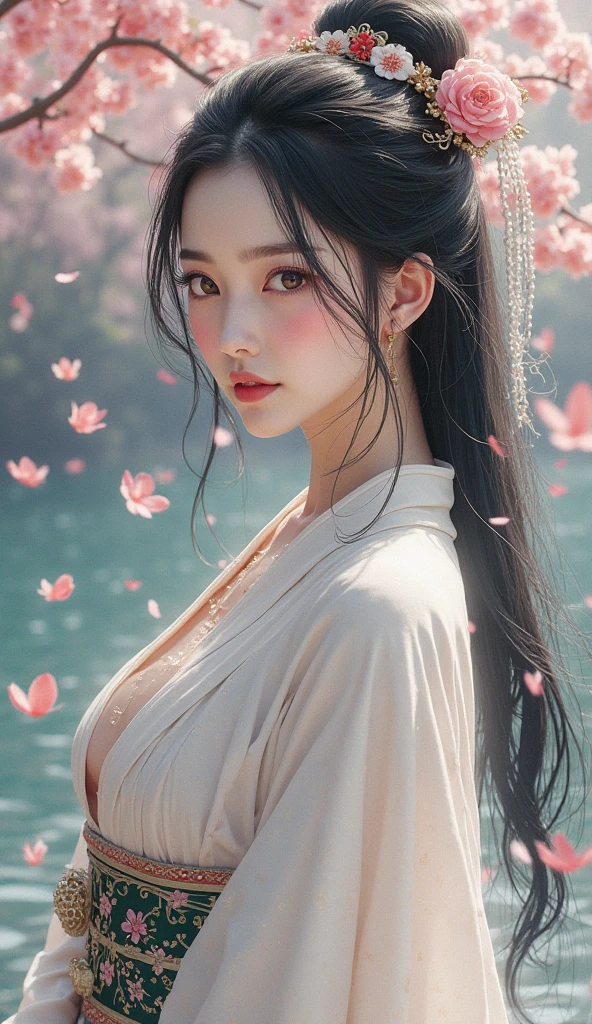 ultra realistic 8k cg, picture-perfect face, flawless, clean, masterpiece, professional artwork, famous artwork, cinematic lighting, cinematic bloom, perfect face, beautiful face, fantasy, dreamlike, unreal, science fiction, huge breasts, beautiful clothes, lace, lace trim, lace-trimmed legwear, (rich:1.4), prestige, luxury, jewelry, diamond, gold, pearl, gem, sapphire, ruby, emerald, intricate detail, delicate pattern, charming, alluring, seductive, erotic, enchanting, hair ornament, necklace, earrings, bracelet, armlet,halo
((,1girl, pov,))(((cherry_blossoms, branch, 1girl, tree, spring_\(season\), solo, petals, black_hair, japanese_clothes,looking at viewer, ))) <lora:DA_GuoFengPinkA:0.6>