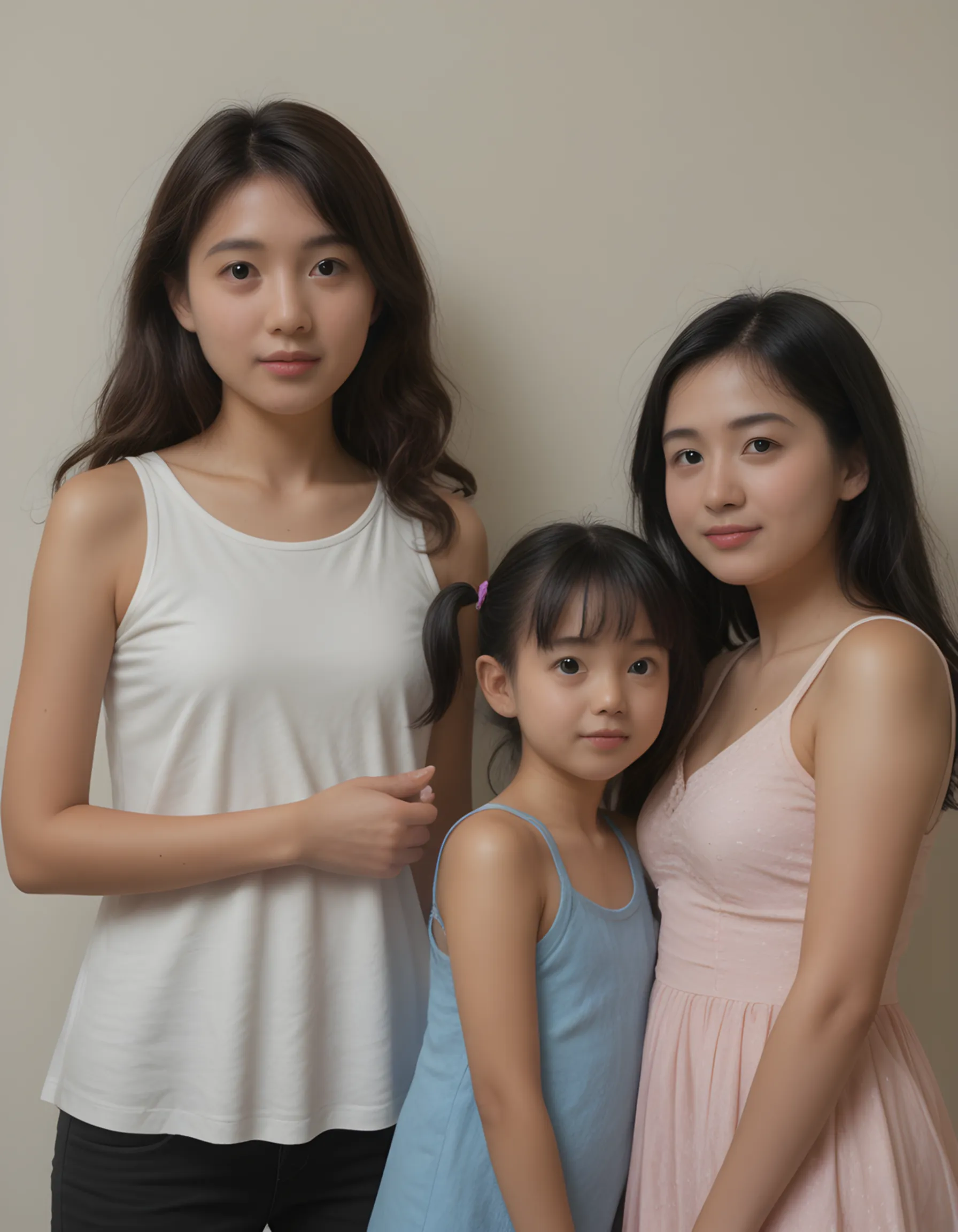 3girls. night. the only light is low in the room. Create a highly realistic scene set in the night in Italy, in a cozy bedroom on a warm summer night, with two 13-year-old Italian agers and an 8-year-old Italian girl, all getting ready for bed.

 The two teengirls and their little sister are wearing short, minimal pajamas, suitable for the hot season. The pajamas are made of light and breathable fabric, consisting of a tank top and shorts. All three have shiny skin, slightly damp with sweat due to the heat.
 One of the girls, small breasts, with shoulder-length brown hair, is sitting on the edge of the bed fanning herself with a magazine. She's wearing a light tank top and matching shorts, her face showing a mixture of tiredness and heat-induced discomfort.
 The other girl, small breasts, with wavy brown hair, is standing by the open window, trying to catch a breeze. She is wearing brightly colored pajamas and seems relieved when the occasional gust of wind moves the sheer curtains.
 The  youngest girl, flat chest, with short brown hair, is lying on the bed, dressed in a simple sleeveless top and shorts. She has her arm on her forehead and her expression shows how she is trying to calm down.

The bedroom is furnished in a simple and cozy style with soft, soft lighting to create a peaceful atmosphere. The walls are adorned with a few posters and a ceiling fan spins slowly overhead, providing minimal relief from the heat. The floor has a soft carpet and there is a small bedside table with a lamp and some books.

This scene captures the feeling of a sweltering summer night, with the three little cousins ​​trying to find comfort in the heat as they prepare for bed. The trio's detailed expressions and interactions create a realistic and engaging image, highlighting the challenges of a hot night and the camaraderie of shared discomfort