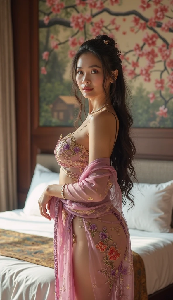 19 year old young and beautiful , half Korean and half German girl with beautiful thin, sharp and long face , light smiling through light pink lips wearing Floral print, crochet details sheer kimono and Embroidered bralette and flowy bottoms, Sleek, straight hair, Layered necklaces, anklets, A luxurious hotel room with panoramic windows overlooking the city, providing a high-end feel , late afternoon, dramatic light