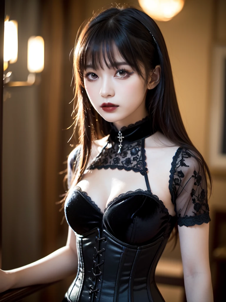 Beautiful teenager, incomparable beauty ,corset with black miniskirt short long legs, closed black platform heels .........................:2.0, looking to the camera, cinematic lighting, perfect, Luz outfit, high resolution skin:1.2, realistic skin texture, beautiful 12 year old girl、a small face、without makeup、, off the shoulders,copa bust c、big neckline, Blue eyes, very black hair on my shoulders, dark black hair、(full body photo 2.0)、neutral background , looking straight at the target and with a nice and pleasant smile