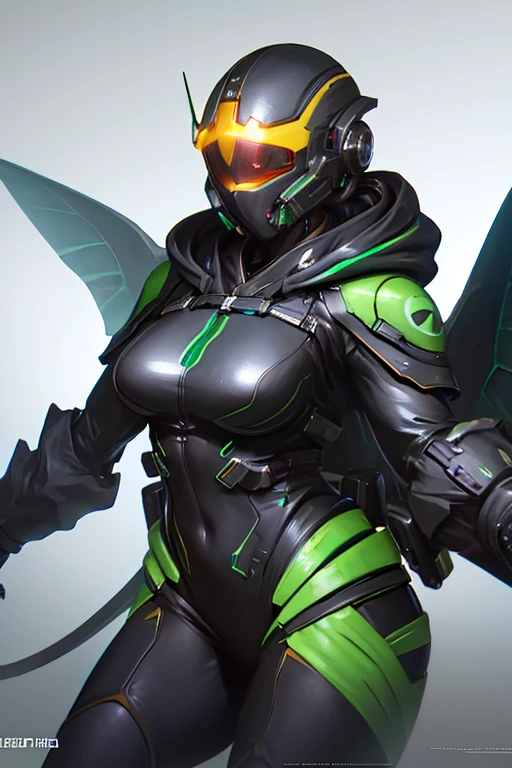 ((best quality)), ((masterpiece)), (detailed), absurdres, female, large breasts, thick, toned, (carbon fiber), (carbon print), assault visor, yellow visor, armored face mask, cyan armor, see-through, oval pauldrons, belt, metallic details, solo, solo focus, sci-fi, simple background,