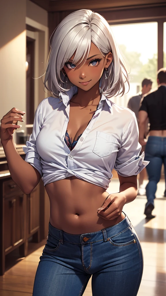 A dark-skinned woman with silver hair in a ponytail, Wearing a black dress shirt and slim jeans, Making spices. Showing your belly button Indian traditional clothing