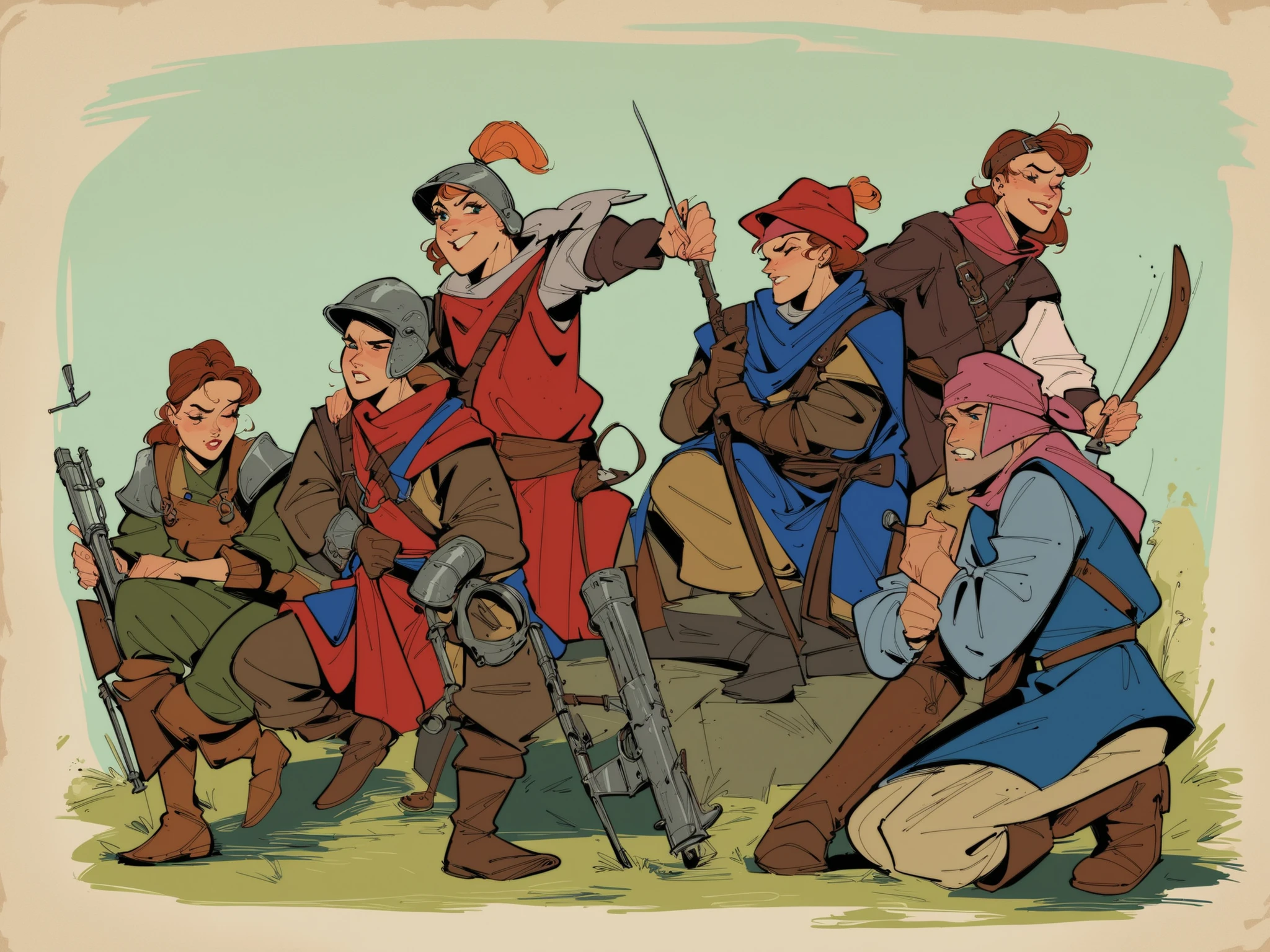 source_anime, score_9, score_8_up, score_7_up, score_6_up,art style, a group of adventures party, 7 person, boy, girl, medieval western fantasy, adventure gear, wearing variant armor, helmet, bow, crossbow, albarest, catapult, ballista, musket, ninja, mage, scholar, engineer,