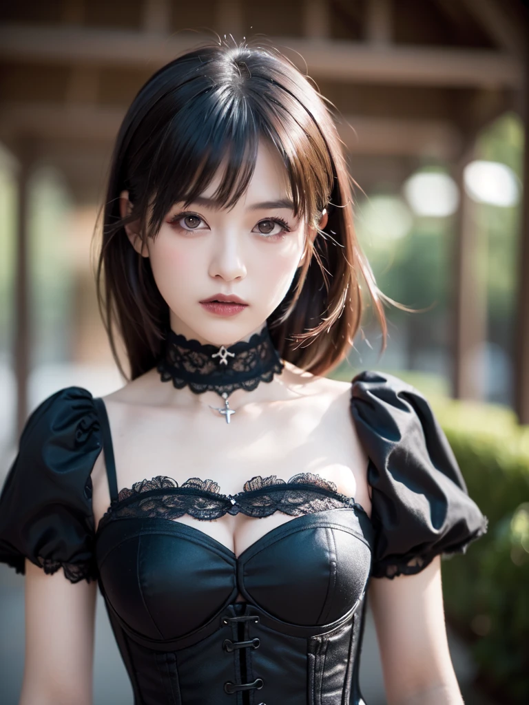 Gothic lolita、Ahegao、short-hair、⦅Colossal tits:1.2⦆,⦅Skin revealing⦆、Breast Pulling Pose、absolutely outstanding image, very extremely beautiful、masterpiece, top-quality,a picture, kawaii、8K、In the church of Gothic architecture