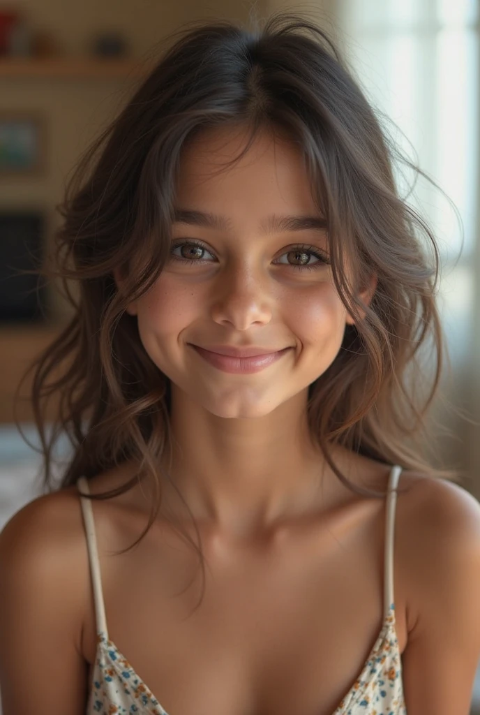 cute 12 year old girl, cum in face, slim figure, revealing clothes, cute clothes, skimpy clothes, photo taken from above, detailed face, beautiful eyes, long eyelashes, cute expression, cozy living room, photorealistic, 4k, high quality