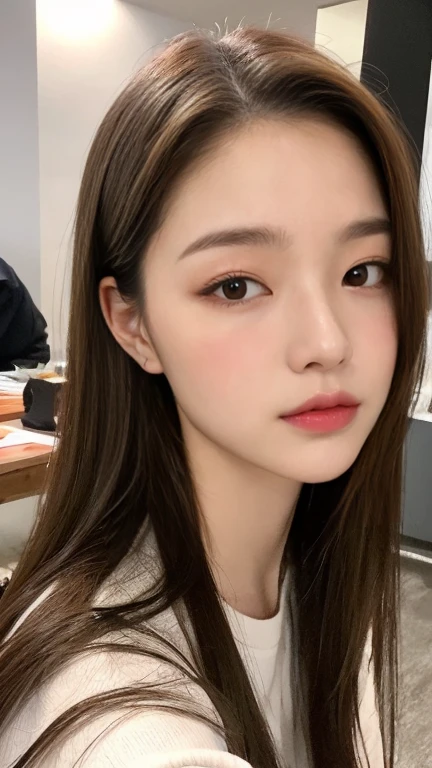 Random pose、top quality、ultra high resolution、(Realism:1.5)、1 girl、red sweater、(brown hair:1.2)、(Big breasts:1.2)、‎Classroom、looking at the audience、close up、Whole BodyEsbian、nasty eyes