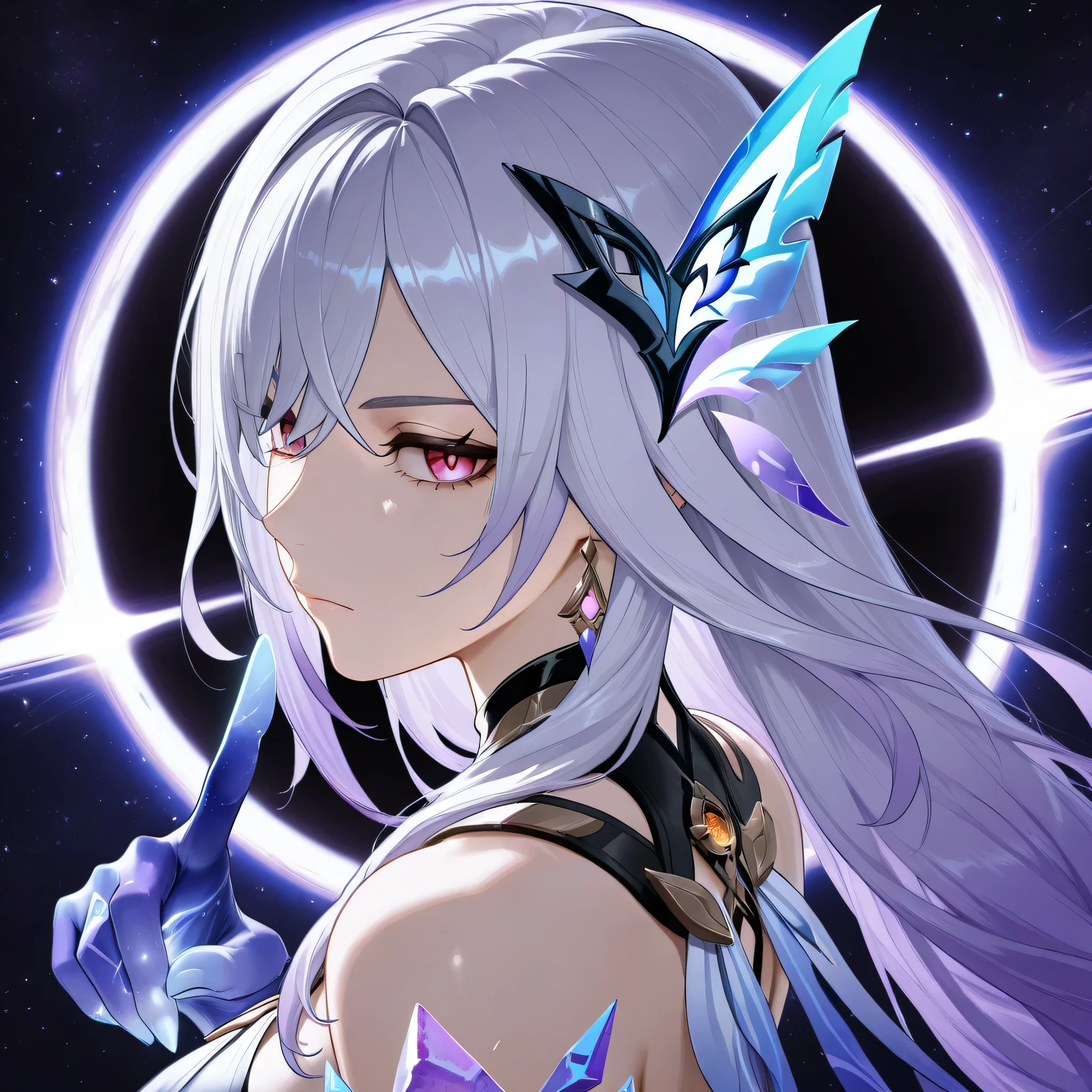 skirk genshin impact, portrait style, half closed mouth, looking fearless, looking down to viewer, view from side, from above, showing front, dynamic pose, dynamic angle, masterpiece, space background, a black hole on a single finger