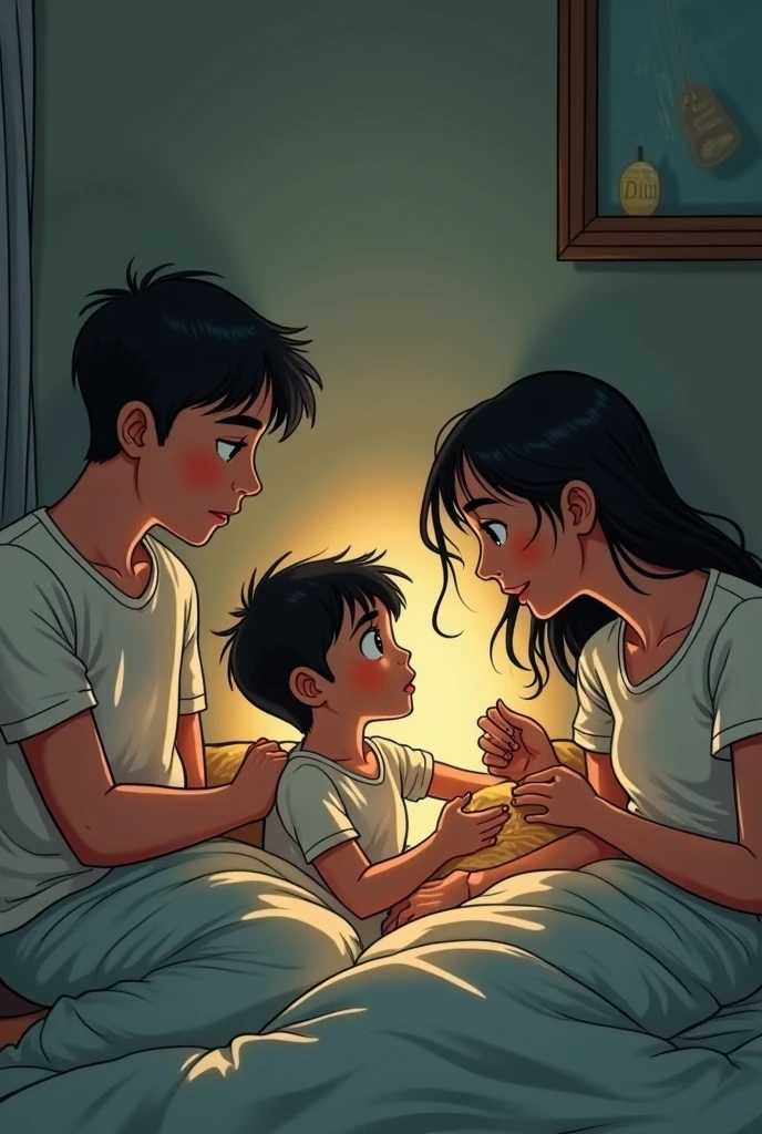 Priscilla wakes up in her bed, with soft light coming through the window. is sitting,
with an expression of shock and relief on his face. Around it, his family
(Jimmy, Karelis, Lucian, y Elizabeth) surrounds her, all with smiles and tears of joy. The room has a warm and cozy atmosphere, con detalles familiares
y personales que reflejan la intimidad y el amor que surrounds hern.