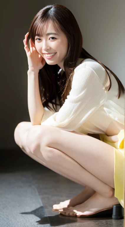 Highest quality, masterpiece, Ultra-high resolution, (Realistic:1.4), One Girl, beautiful日本人女性, beautiful肌, Black Hair:1.7, gakki, ((short hair:1.5)), Age 25, Smile happily:1.2, (Panty seams detail:1.4), (uniform), masterpiece,Highest quality,Realistic,8k, Ultra-high resolution, Very detailed, beautiful , (Show off your cute panties from the front:1.2), (The background is inside a train:1.03), (Focus between the legs:1.24), Align your legs, Knees together, High seating position