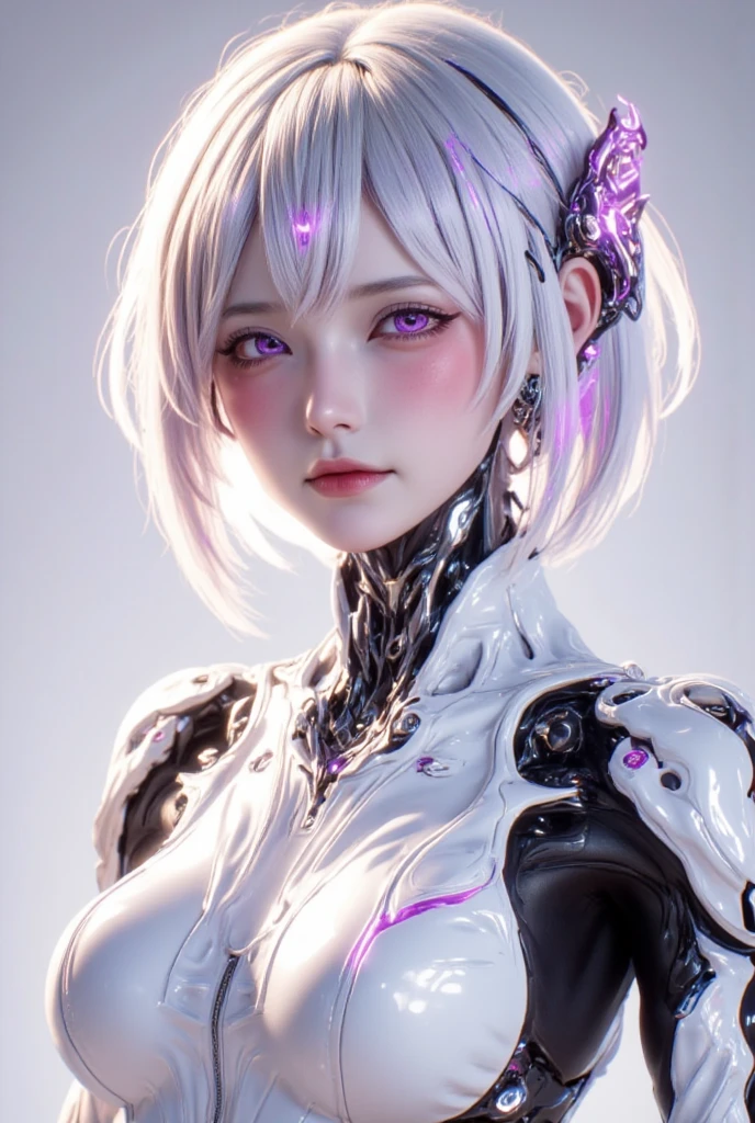 Top Quality, Masterpiece, Ultra High Resolution, (Photorealistic: 1.4), Raw Photo, 1 Girl, White Hair, Glossy Skin, 1 Mechanical Girl, (Ultra Realistic Details)), Portrait, Global Illumination, Shadows, Octane Rendering, 8K, Ultra Sharp, Big, Cleavage Exposed Raw Skin, Metal, Intricate Ornament Details, Cold Color, Egyptian details, very intricate details, realistic light, CGSoation trend, purple eyes, glowing eyes, facing the camera, neon details, mechanical limbs, blood vessels connected to tubes, mechanical vertebrae attached to the back, mechanical cervical attachment to the neck, sitting, wires and cables connecting to the head, evangelion, small LED lamp,
