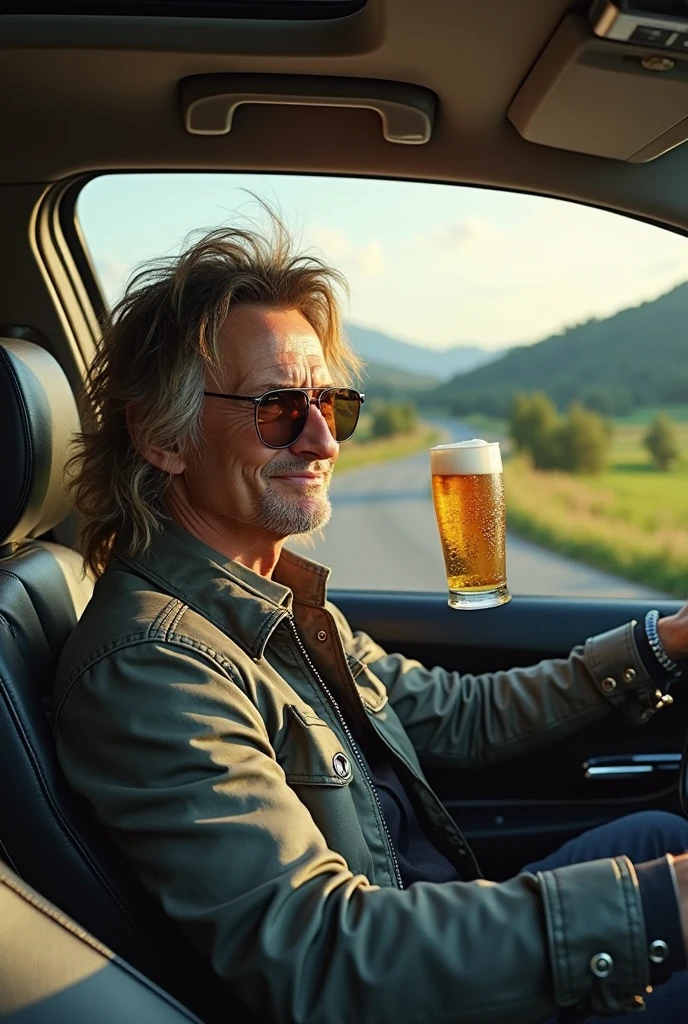 driving happy man, 5 jack Daniel’s in mouth, (ultra realistic)