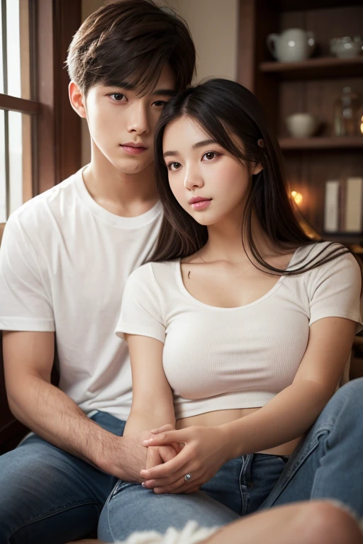 A handsome Asian man and a young Korean woman make love, age difference, age difference, giant size, ((người đàn ông 18 years old, nude, muscle, smiling face, 6-pack abs, broad shoulders, eo hẹp, ((His face resembles a Korean male idol)), hug the girl from behind, touching the girl's chest, naked), ((25 years old sexy young girl, naked kích thước nhỏ và gầy, long black hairstyle, ngực f cup, face red because of embarrassment, tư thế tình dục, kiss, âm đạo hồng hào, naked)), 18 years old, A young girl, bed, Face details, thực tế, ngực, nude, tình dục, large chest groove, small areola