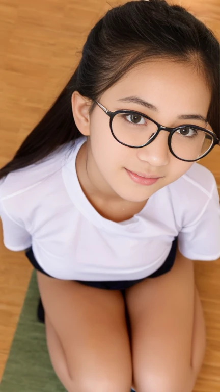 One Girl,Nude,Browsing Caution,creampie,Spread your legs,12 years old、、Primary school students,wearing black glasseissing arms and legs、ponytail、Squirting、Black Hair,Brown Skin、Sunburned skin、Composition from below、look down、teaching smile、Big 、Japanese