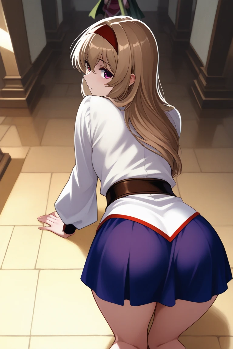 debris flies, highest quality, Highly detailed CG Unity 8K wallpaper, sexy witch , long dark blonde wavy hair、off shoulder knit, dark blue pleated skirt, stocking pedium chest, saggy breasts, Pose that emphasizes the chest, blush, shy smile, bare shoulders, (pink lace panties、pink good、spread your legs wide)、、nice magic book、church cathedral、Put your hand on the pillar and turn around、stick out your butt、、