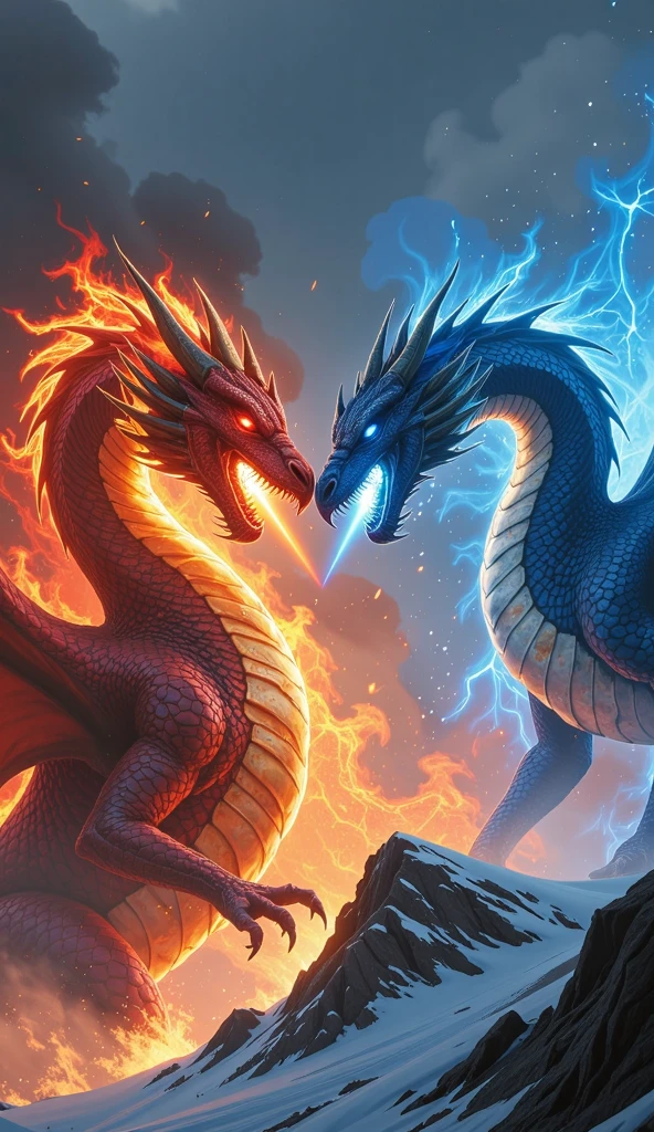 two dragon Face to Face with fiery flames in the background, fire and ice, dragon, fire and ice, dragon艺术, Face to Face, Orange flame/Blue Ice Duality!, 与dragon的战斗, chinese dragon fighting, The struggle between good and evil, Fierce Battle, 4k fantasy art, 4k detailed digital art, 火 火焰 dragon 蛇, Face to Face