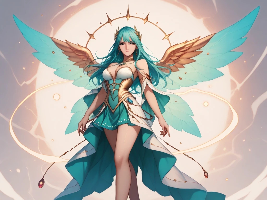 breast, curvy, female,fantasy goddess,there is a cartoon picture of a woman with a very large breast, glowing angelic being, glowing holy aura, inspired by Luma Rouge, the non-binary deity of spring, ethereal rainbow nimbus, the butterfly goddess of fire, inspired by Marie Angel, glowing aura around her, astral fairy, as the goddess of the sun, “uwu the prismatic person, big breast, happy, beautiful eyes, , full body, walking, long robe, long dre, catgirlss, nun, priestess ,holy, smile