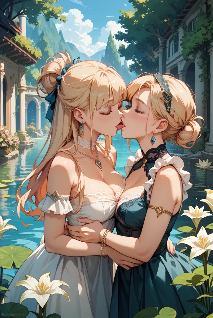 Masterpiece ,Top image quality,hight resolution,imagem 4k,Raw photo,Photorealsitic,extremely beautiful 2 hi-school girl kissing each other, lovers, naughty face, blushing , extremely beautiful lesbian deep kiss, stare each other closely, groupe breasts, gorgeous hair style white high Sox, white garter belt,  exposures breasts, perfect small breasts, See-through panties, red cheek, deep blue eyes color , beautiful small butt, Bright blue eyes like jewels, beautiful blond hair, magical , PRİNCESS, adventurous girl, slightly smile, high heel boots, gloves, earrings, outside, beautiful sunlight, flower blooming, closed up upper body, look up(masterpiece:1.6、best high quality), (beautiful eyes:1.2), From above, Ocean View、The world&#39;s most spectacular ocean view, Half in the Ocean, deep kiss, hag tight each other