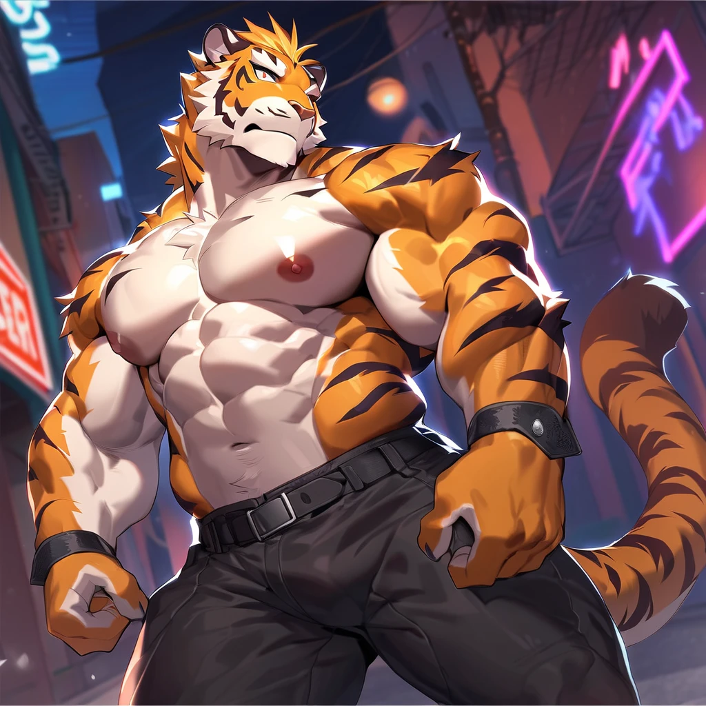 upload on e621), (Masterpiece), (Pino Daeni), (null-ghost), (kiyosan), (best quality), (ultra high res), 4K, (8k HD), 2D, (perfect anatomy), (digital art), (official art), (extreme detailed), (ultra detailed), (strapsanime), color, (soft shading), (sharp focus), (((excessive purple fire both fists))), (((training underground background))), 1man, orange body fur, black stripes, (((orange muscular arms))), white pecs and belly, detailed fluffy fur, (ultra detailed face), detailed eyes, detailed iris eyes, (((detailed green eyes))), (white sclera), black pupils, (((navel))), (((abs))), (((pectoral))), (normal stance pose) (((black claw nails))), furry tiger male, mature male, (((full body))), normal height, (((orange with black stripes ripped muscular body fur))), feline, (((black nipples))), (((large ripped muscles))), (((large ripped pecs))), (((large ripped biceps))), cat, mammal, orange tiger, tiger male, intense face, serious expression, (((badass))), tiger anthro, solo, standing, (((wearing full complete white training outfits))), (((white training overalls))), (((dark black short hair))), (((dark black short back hair))), (((dark black short dreadlocks hairstyle))), (((perfect fingers))), (((five fingers))), (((orange hands and fingers))), (((wearing fingerless black and grey gloves))), (((black fingerless combat gloves))), (((black long headband))), (((white open training outfits)), (((blackbelt))), (((orange and black stripes long tiger tail))), (((white long pants))), (((excessive purple fire aura flow entire body)))