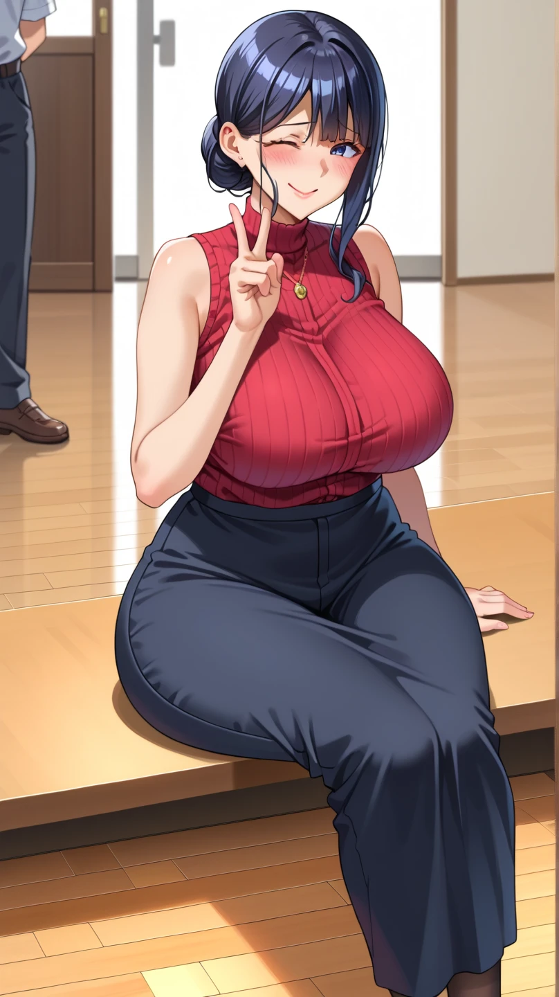 mature female,(large breasts:1.5),(shiny hair),((solo)),((masterpiece)),((best quality)),perfect anatomy,slim waist,perfect image,8k UHD,(beautiful detailed eyes:1.5),extremely detailed face,standing,(upper body:1.3),(look at the front:1.5),arms behindback,ultra-detailed,absurdres,highres,(light brown hair:1.5),((blunt bangs)),erotic lips,((sensitive smile)),sexy mature women,40 years-old,long hair,(blue ribbed sweater),sleeveless,mini skirt, showing armpits,sweat armpits, sexy pose, eye glasses, sweatdrop